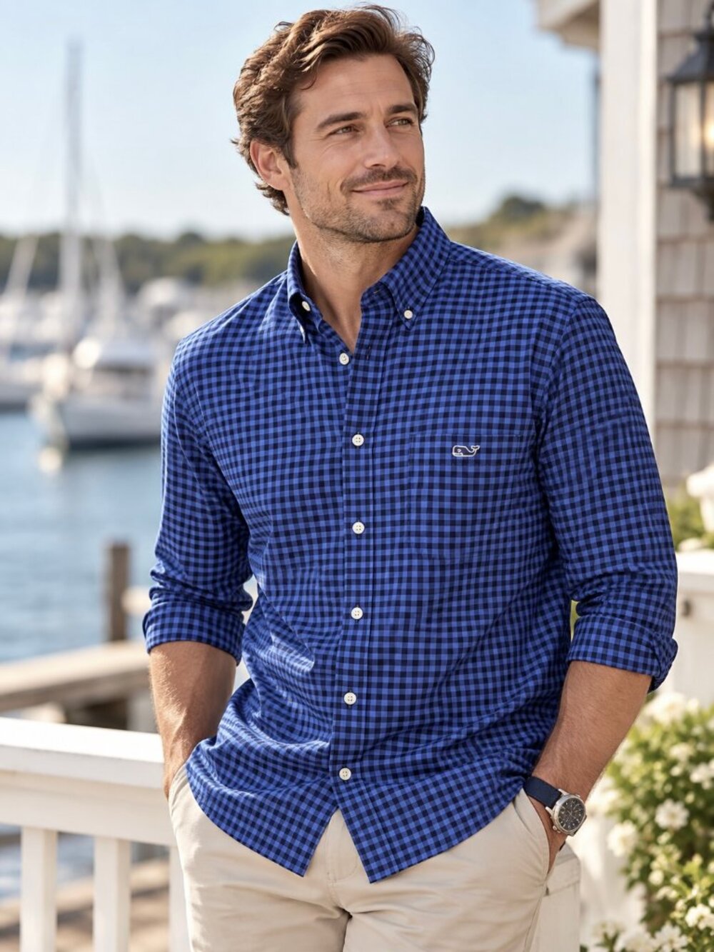 $118 Vineyard Vines On-The-Go Classic Fit Gingham Blue Performance Shirt Size XL